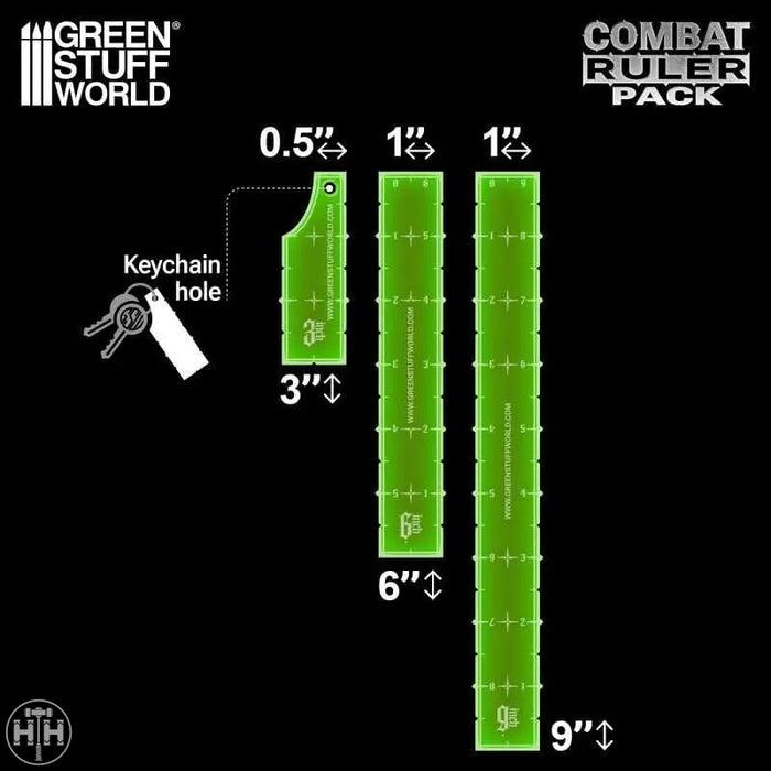 GSW Combat Ruler Pack (6'', 9'', 1-2-3) - Fluor Lime Green (Pack x3) Gaming Tools Green Stuff World