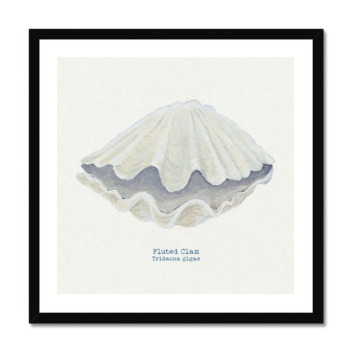 A framed art print of a hand-painted Fluted Giant Clam shell, with a neutral background, placed in a wooden frame.