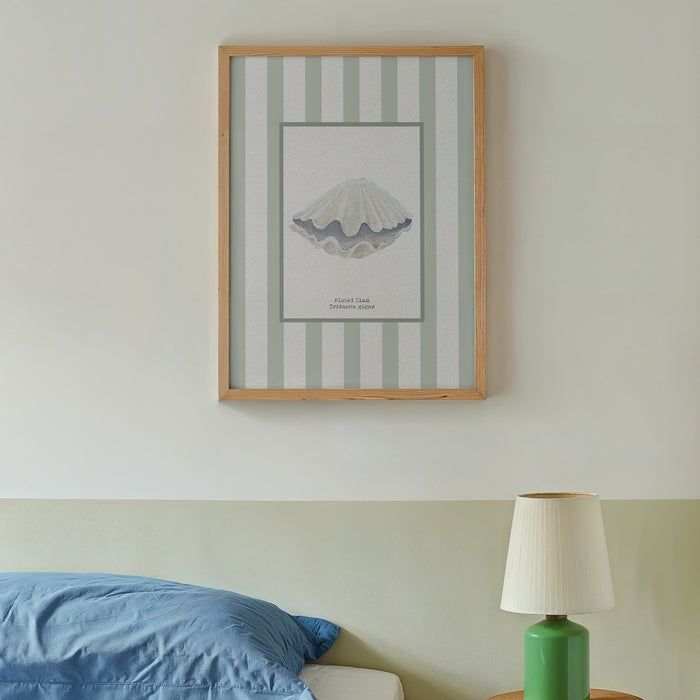 Clam shell art print framed on wall in bedroom