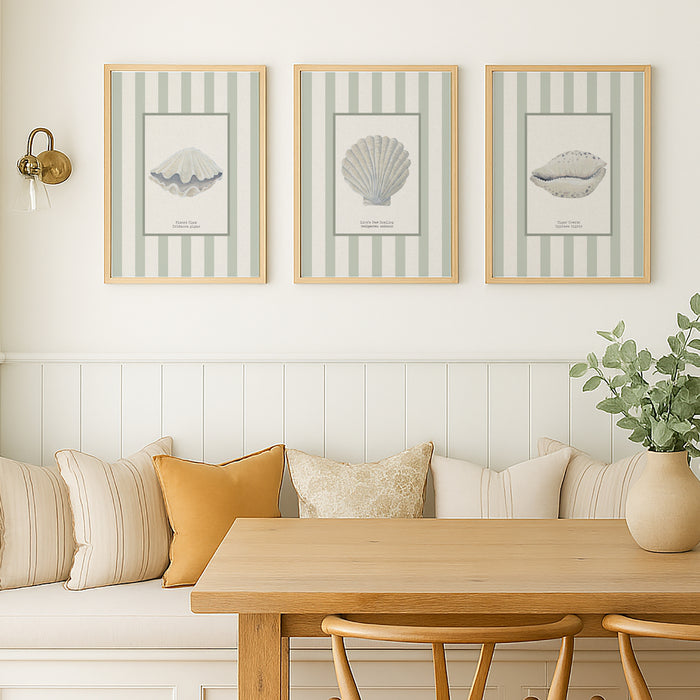 Set of 3 shell art prints on wall in dining room.