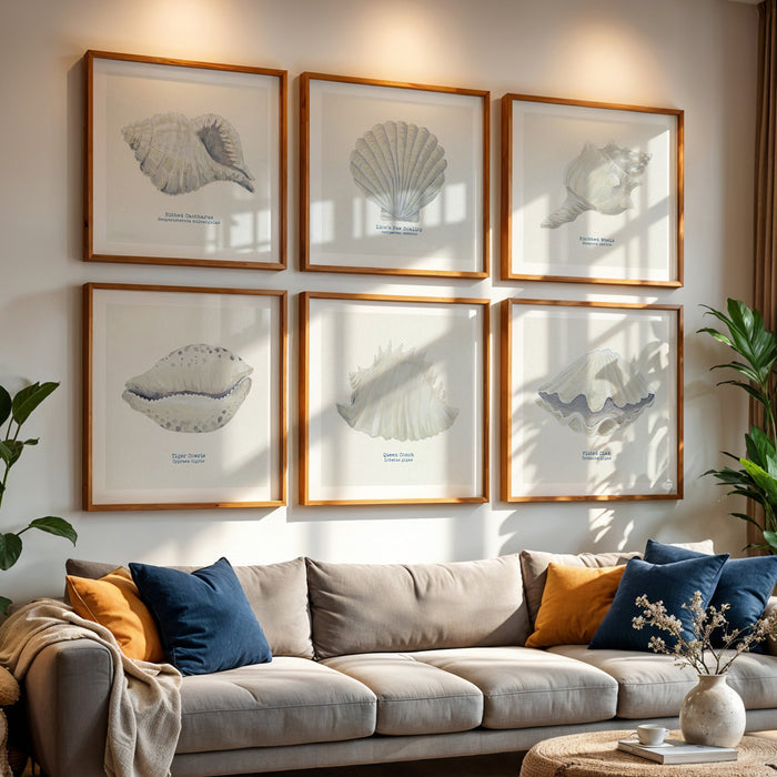 A set of shell art prints in a coastal styled living room above comfy sofa.