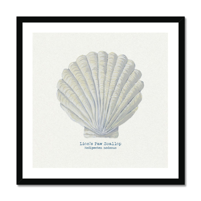 A framed art print of a hand-painted scallop shell on a natural beige background.