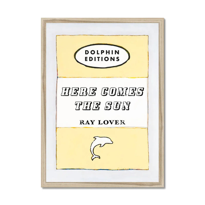 A vintage style book cover art print with the title 'HERE COMES THE SUN' by RAY LOVER, featuring a pale yellow background with black and white text