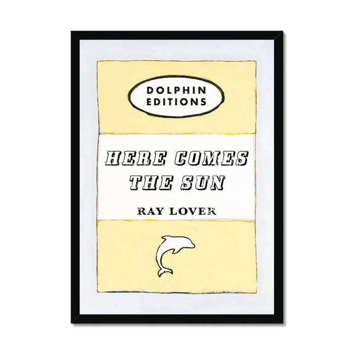 A framed art print featuring a vintage style book cover with the title 'HERE COMES THE SUN' by RAY LOVER, with a pale yellow background and a small graphic of a bird at the bottom.