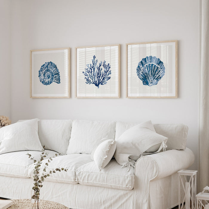 Indigo Coral Print | Coral Wall Art | Watercolour Shell Art - Unframed