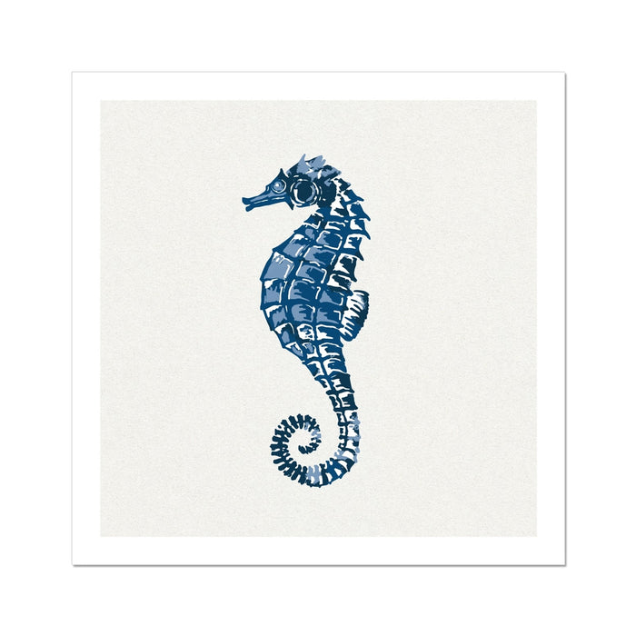 Seahorse framed art print in indigo blue on a white background.