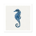 Seahorse framed art print in indigo blue on a white background.