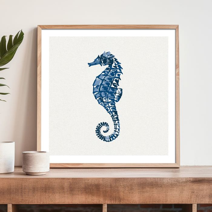 Indigo seahorse art print - coastal wall art print styled on a wooden console table