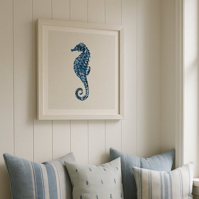 Seahorse art print framed on wall above bench seat - framed seahorse painting