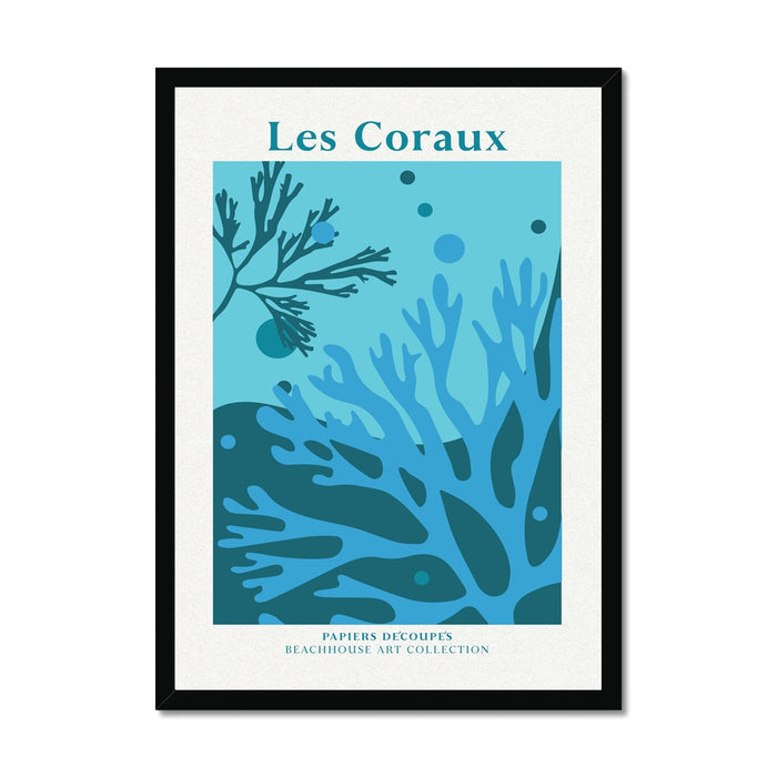 Framed coral art print of an underwater scene with coral and 'Les Coraux' text on a white background