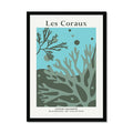 Framed green coral artwork of an underwater scene with coral and seaweed, titled 'Les Coraux'.