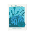 Blue sea urchin art print and 'Les Oursins' text on a white background