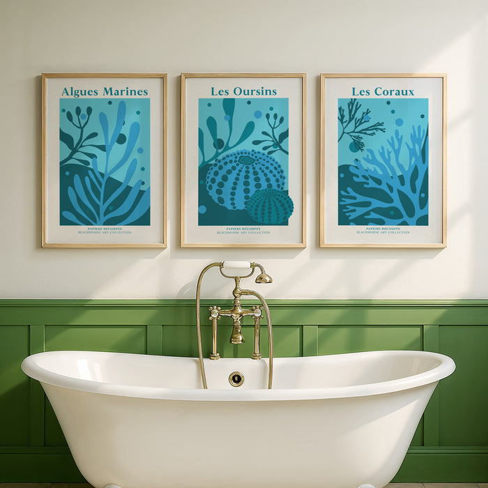 Set of three blue sea botanicals above bath