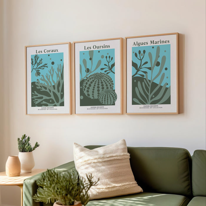 Three green framed prints of marine life on a wall above a green sofa with decorative pillows and plants.