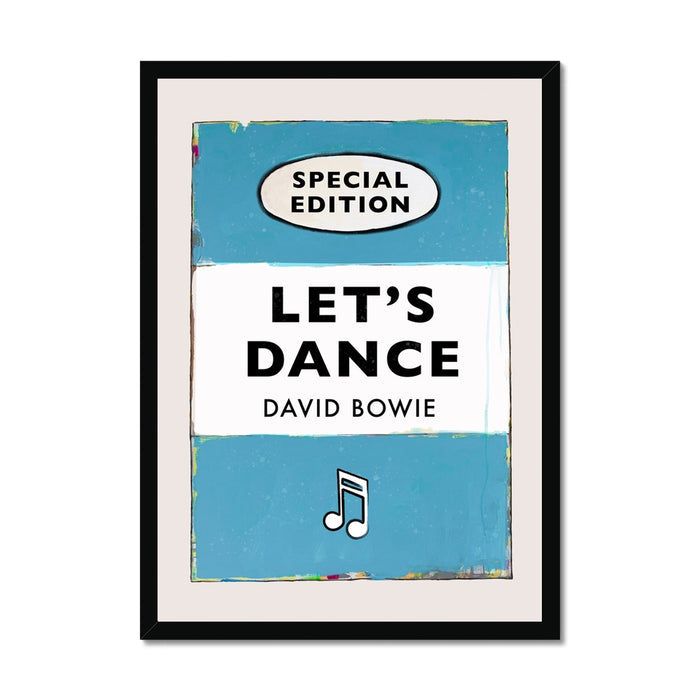Framed art print of a vintage book cover with the title 'Let's Dance' by David Bowie, featuring a blue and white color scheme and a musical note symbol.