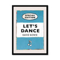 Framed art print of a vintage book cover with the title 'Let's Dance' by David Bowie, featuring a blue and white color scheme and a musical note symbol.