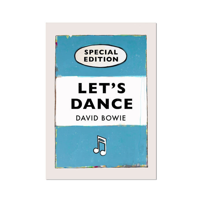 A vintage book cover art print featuring the title 'Let's Dance' by David Bowie with a special edition label, predominantly in aqua blue colour.