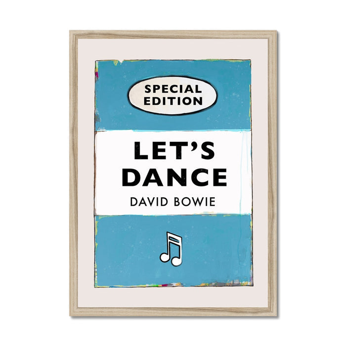 A vintage book cover art print featuring the title 'Let's Dance' by David Bowie with a special edition label, predominantly in aqua blue colour.