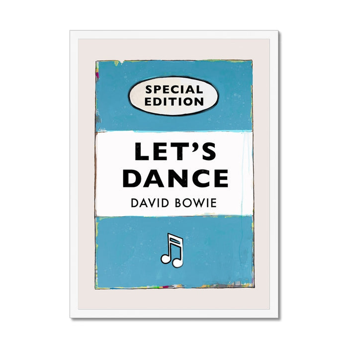 A vintage book cover art print featuring the title 'Let's Dance' by David Bowie in aqua blue colour.