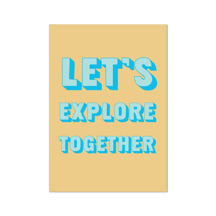 Yellow coastal art print with blue text 'LET'S EXPLORE TOGETHER' on a white background