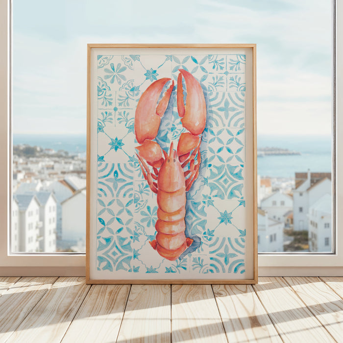 framed lobster painting on window sil