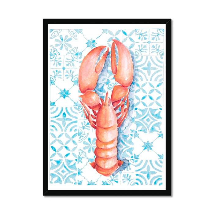 Framed lobster print on blue Mediterranean tile background, hand-painted kitchen wall art