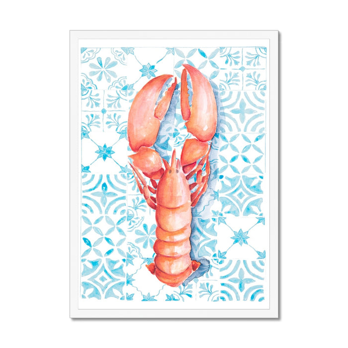 Framed lobster print on blue Mediterranean tile background, hand-painted kitchen wall art - white frame