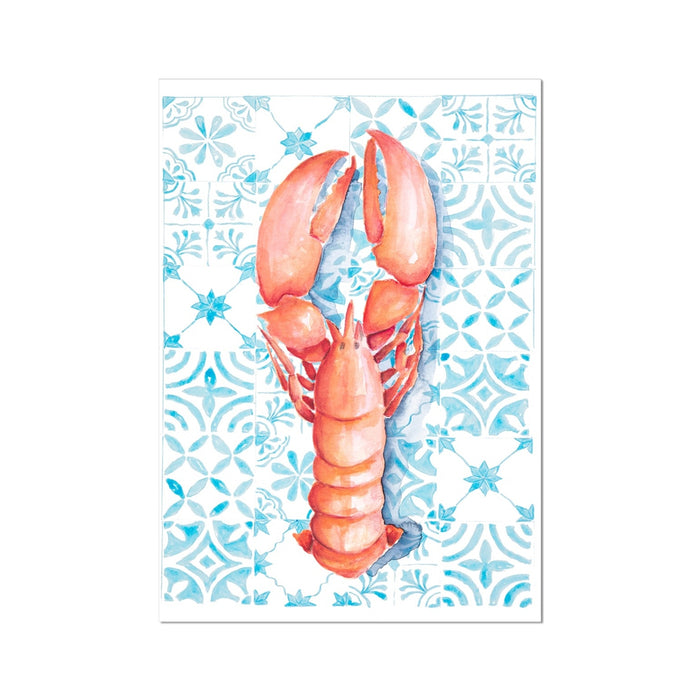 A watercolor painting of a lobster on a blue background with white tile patterns.