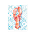 A watercolor painting of a lobster on a blue background with white tile patterns.
