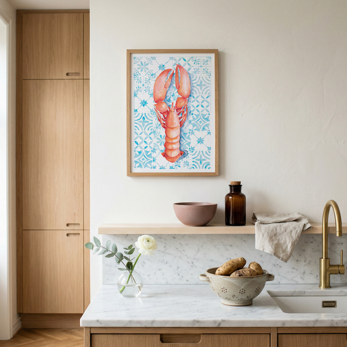 Kitchen interior with a framed lobster artwork on the wall.