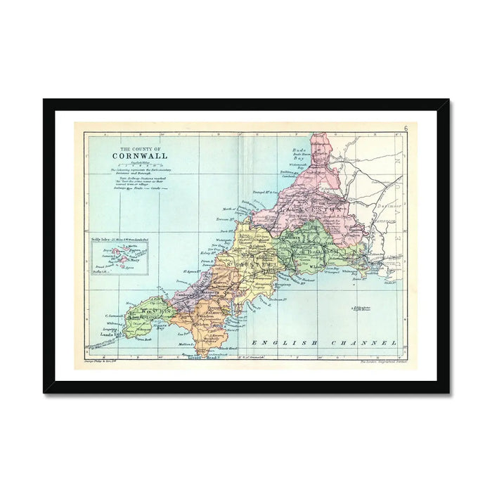 A framed vintage map of Cornwall featuring different shades of colours, presented in a landscape orientation with a black frame.