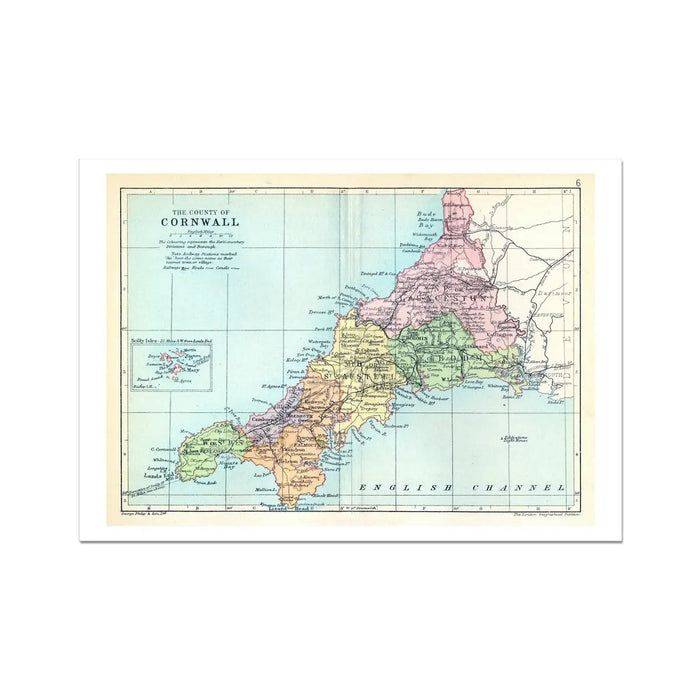 A vintage map print of Cornwall featuring different shades of colours for various regions, with no frame.