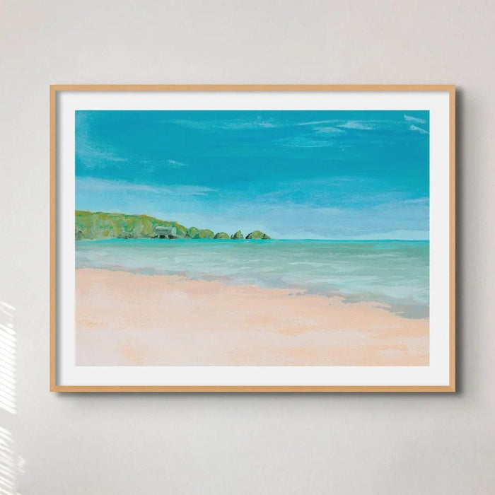 Watercolour beach painting of Mother Ivey's bay in Cornwall on paper - Framed wall art print