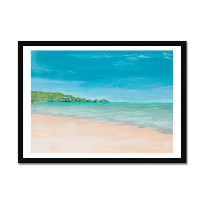 Watercolour beach painting of Mother Ivey's bay in Cornwall on paper - Framed wall art print