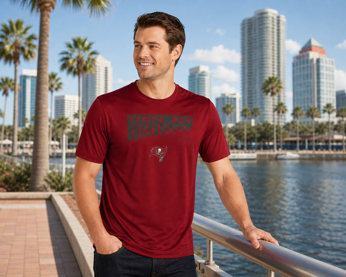 New Era NFL Men's Scoreboard Short Sleeve Poly Dri-tek Tee Buccaneers Dark Red