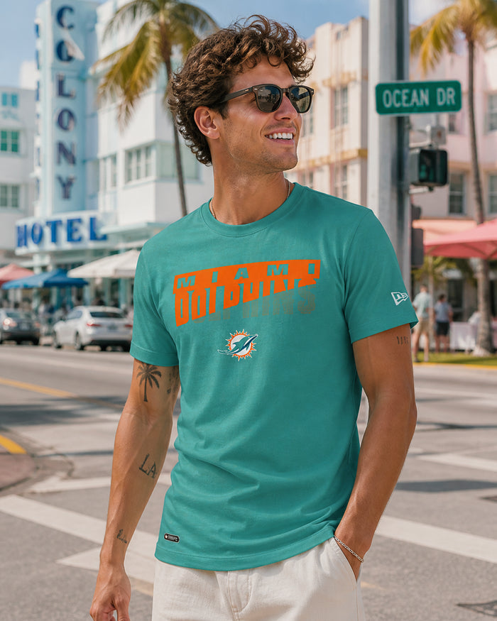 New Era NFL Men's Scoreboard Short Sleeve Poly Dri-tek Tee Dolphins Aqua