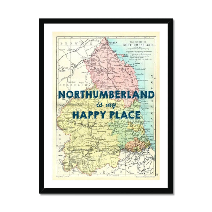 Vintage Northumberland map print with the text “Northumberland is my Happy Place” in blue lettering.