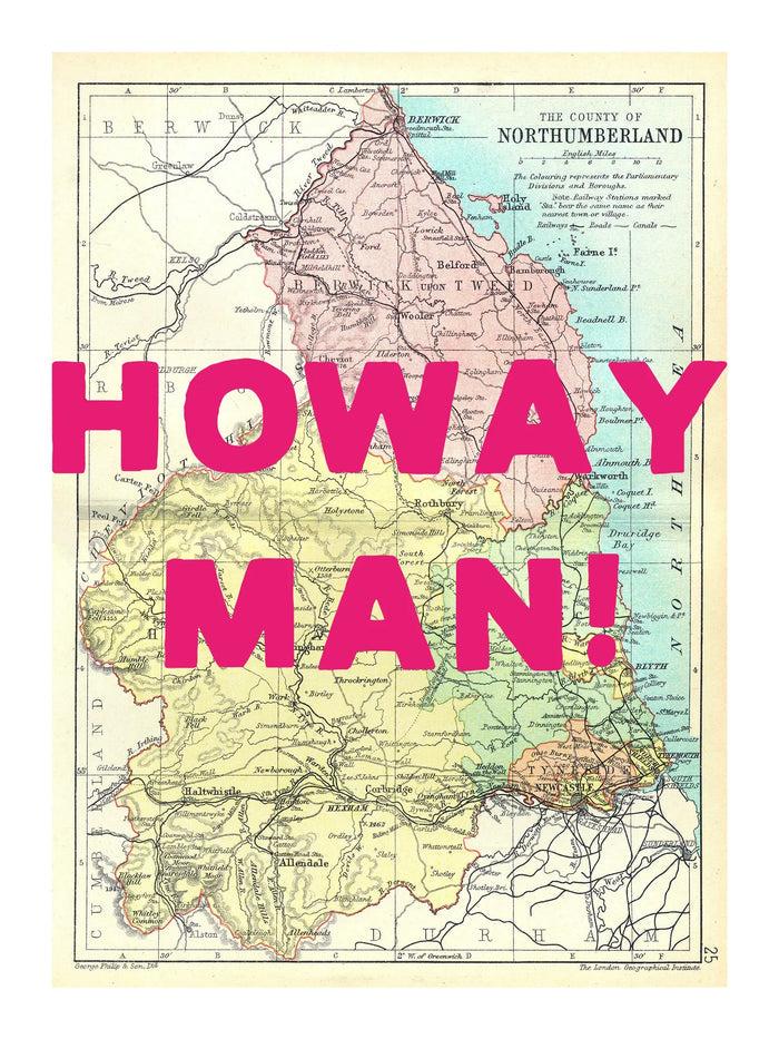 Northumberland Personalised Map Print | Map of Northumberland | Pink Hand Drawn Font - Unframed Wall Art