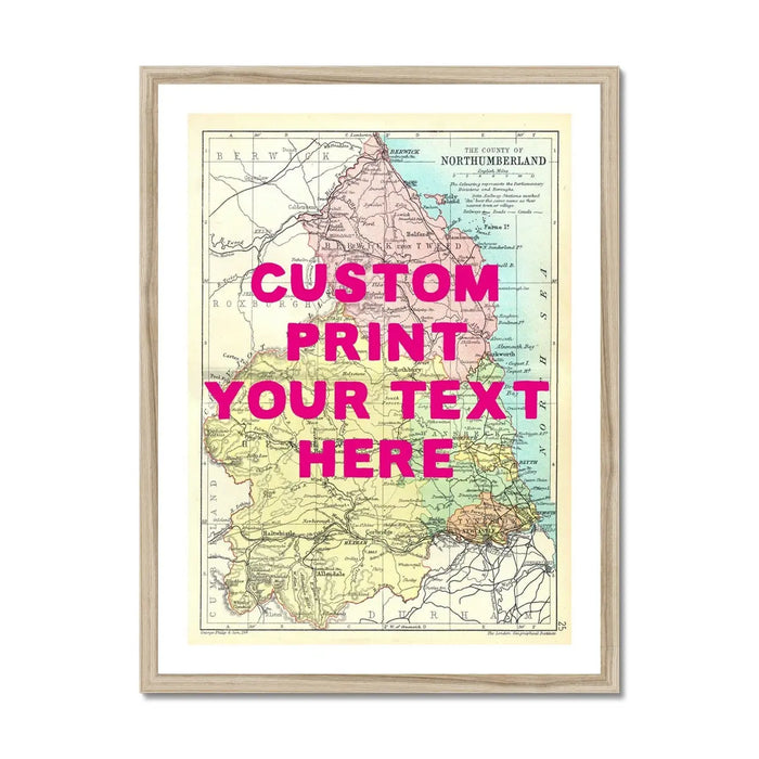 Northumberland Personalised Map Print | Map of Northumberland | Pink Hand Drawn Font - Framed Wall Art