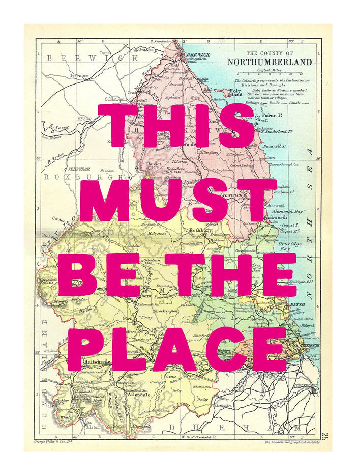 Northumberland Personalised Map Print | Map of Northumberland | Pink Hand Drawn Font - Unframed Wall Art