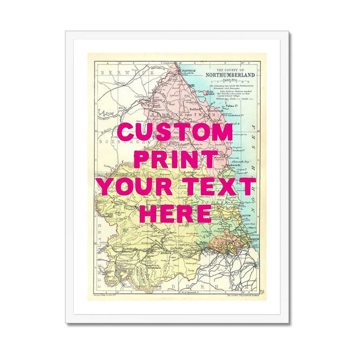 Northumberland Personalised Map Print | Map of Northumberland | Pink Hand Drawn Font - Framed Wall Art