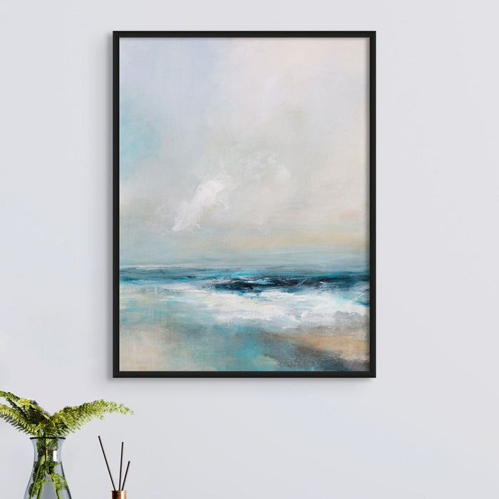 A sea art print depicting the dynamic movements of the ocean with bold strokes and contrasting hues. Framed with simple black frame.
