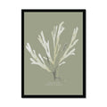 Framed art print of green seaweed against a olive green background, with a black frame.