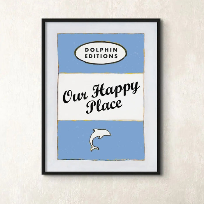 Our Happy Place quote print on vintage style book cover in blue