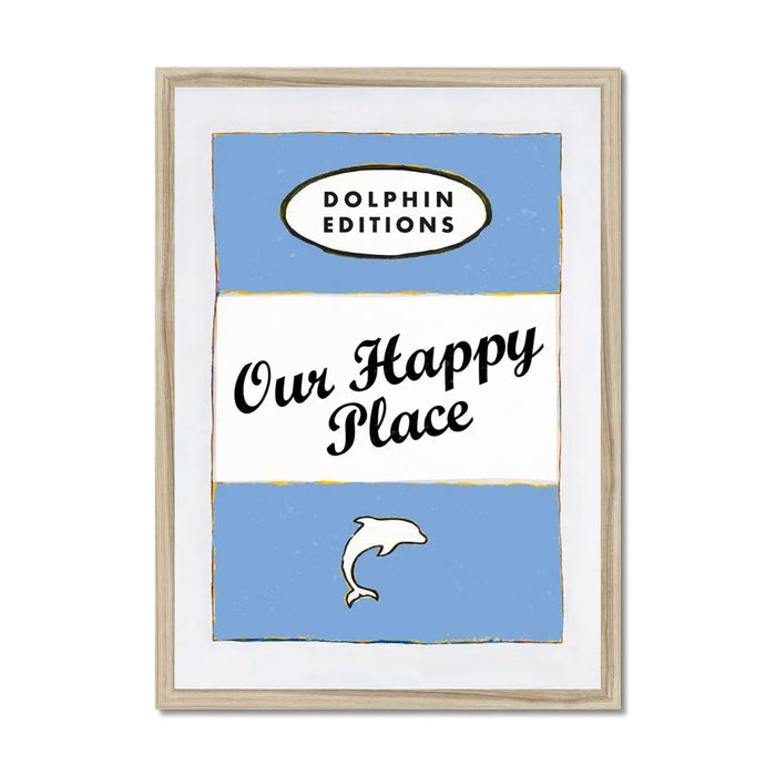Framed art print of a vintage book cover with the title 'Our Happy Place' and a blue background