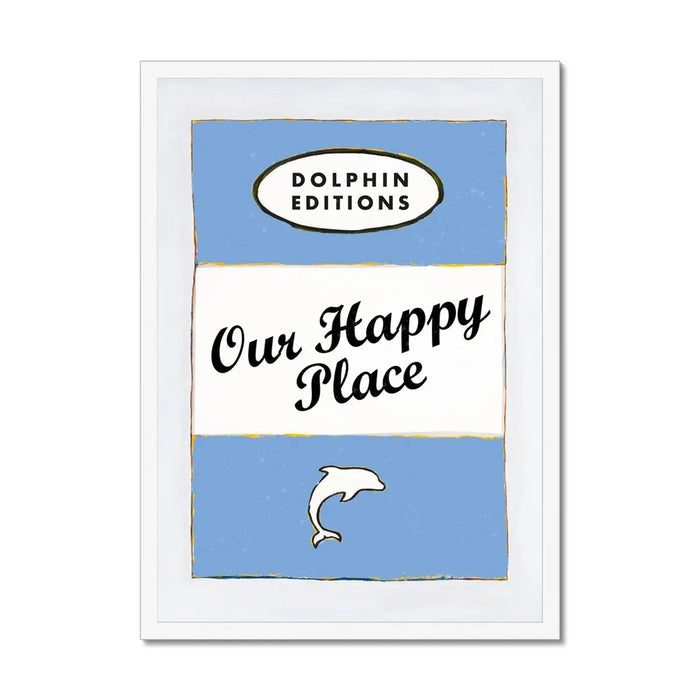 Framed art print of a vintage book cover with the title 'Our Happy Place' and a blue background