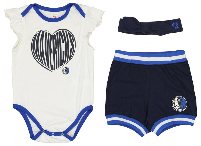 Outerstuff NBA Dallas Mavericks Infants Short Sleeve Creeper Bodysuit, Shorts, and Headband Set
