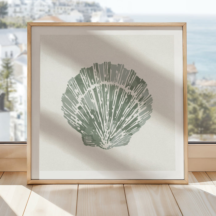 Sage green scallop shell art print in natural wood frame styled on shelf