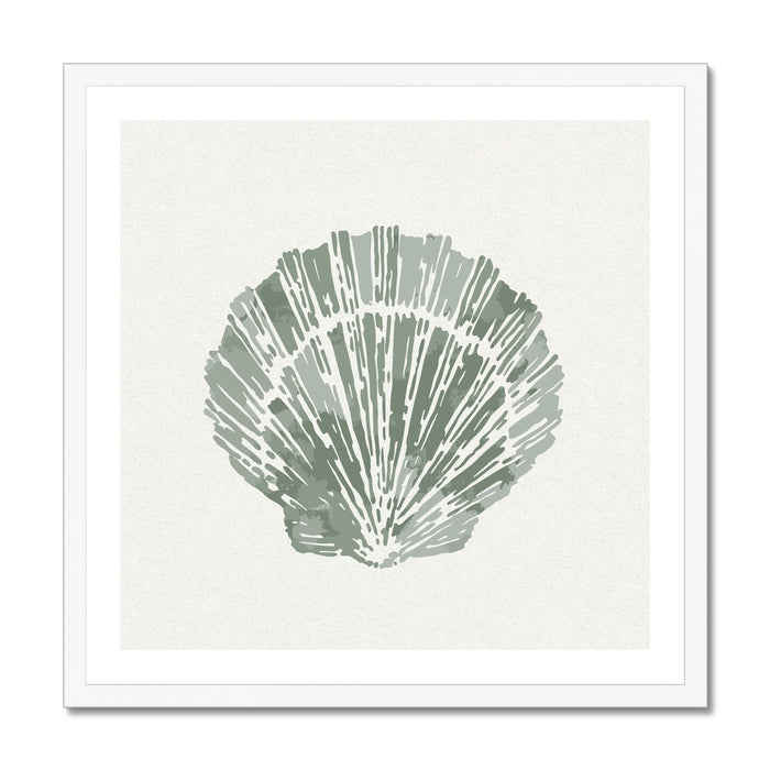 Sage green scallop shell art print in white  frame.