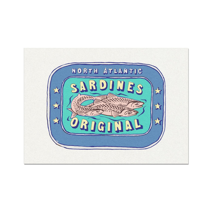 A stylized illustration of a sardine tin with the text 'North Atlantic Sardines Original' encased in a blue oval border.
